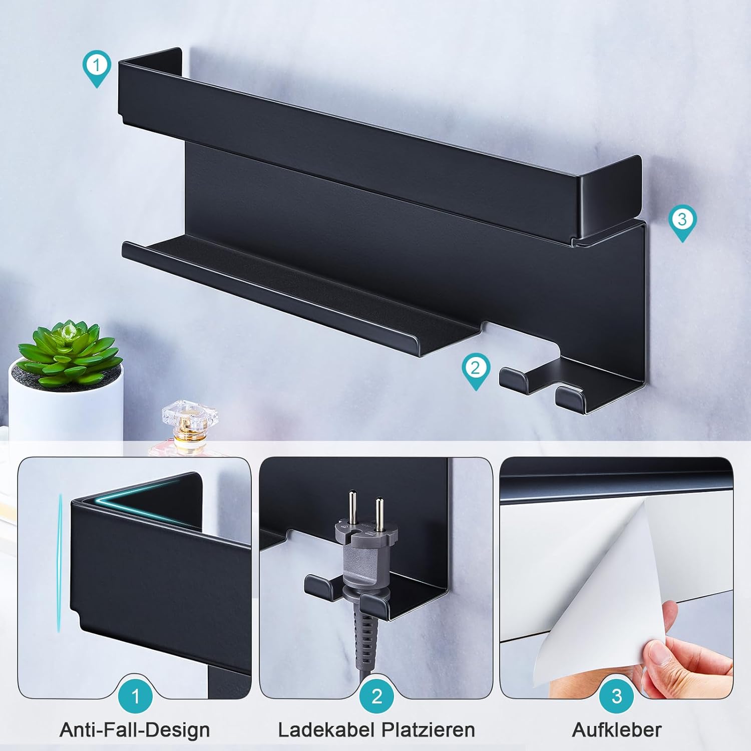 Support sèche-cheveux mural : rangement élégant pour salle de bain sans perçage Optimisez l'espace de votre salle de bain avec ce porte-accessoires noir pour lisseurs et appareils de coiffure – Image 2