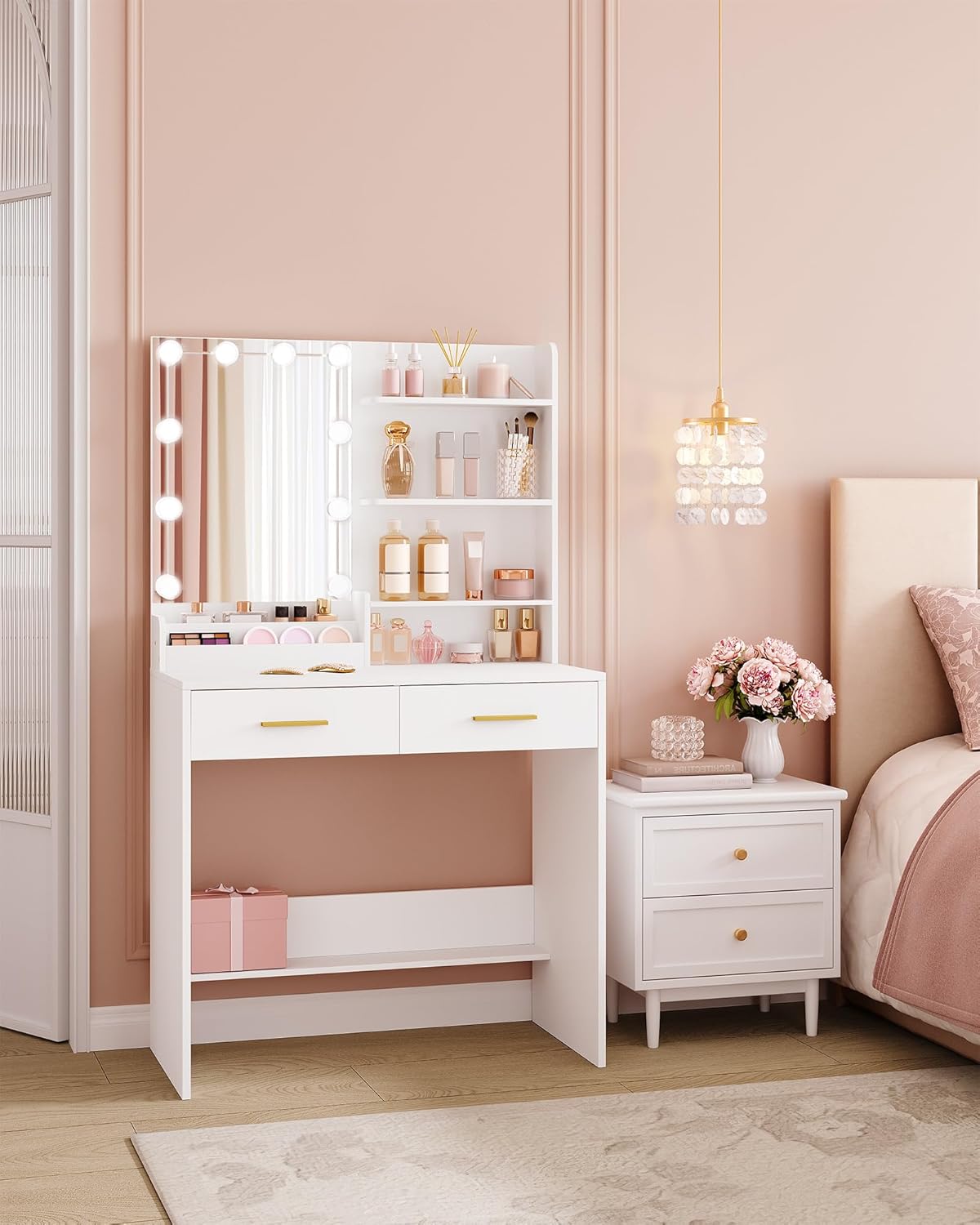 Coiffeuse avec 10 LED : vanité de maquillage élégante pour chambre avec rangement optimisé – Image 2