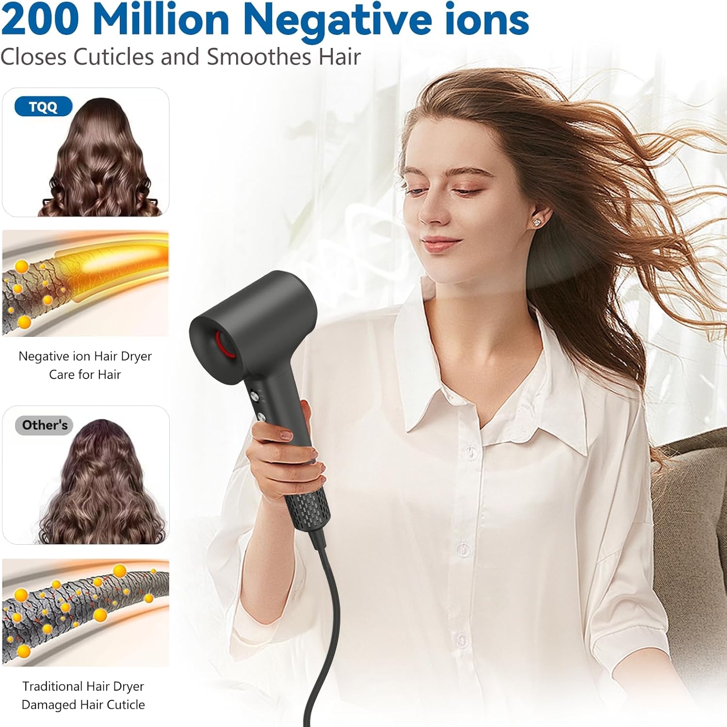 Sèche cheveux professionnel : performance optimale pour un séchage rapide et silencieux Idéal pour les maisons et les voyages, avec 200 millions d'ions négatifs pour des cheveux lisses et brillants – Image 3