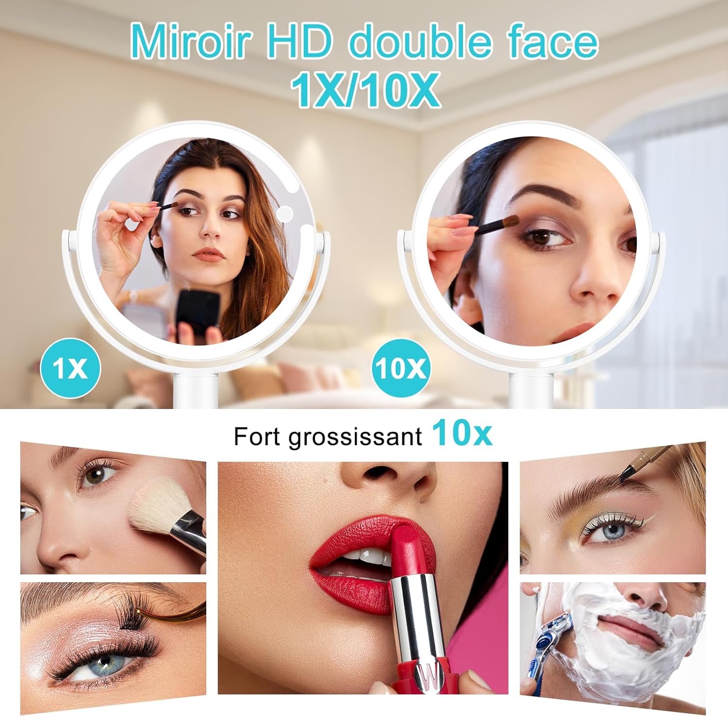 Miroir maquillage LED : l'allié parfait pour vos routines beauté Découvrez le miroir grossissant lumineux 1X / 10X, idéal pour les passionnées de maquillage. Grâce à sa rotation à 360° et ses trois couleurs de lumière, cet accessoire vous permettra d'ajuster la luminosité selon vos besoins, pour un maquillage impeccable à chaque utilisation. Offrez-vous une expérience de beauté raffinée et pratique avec ce miroir sur pied, doté de 80 perles lumineuses pour un reflet éclatant. – Image 2