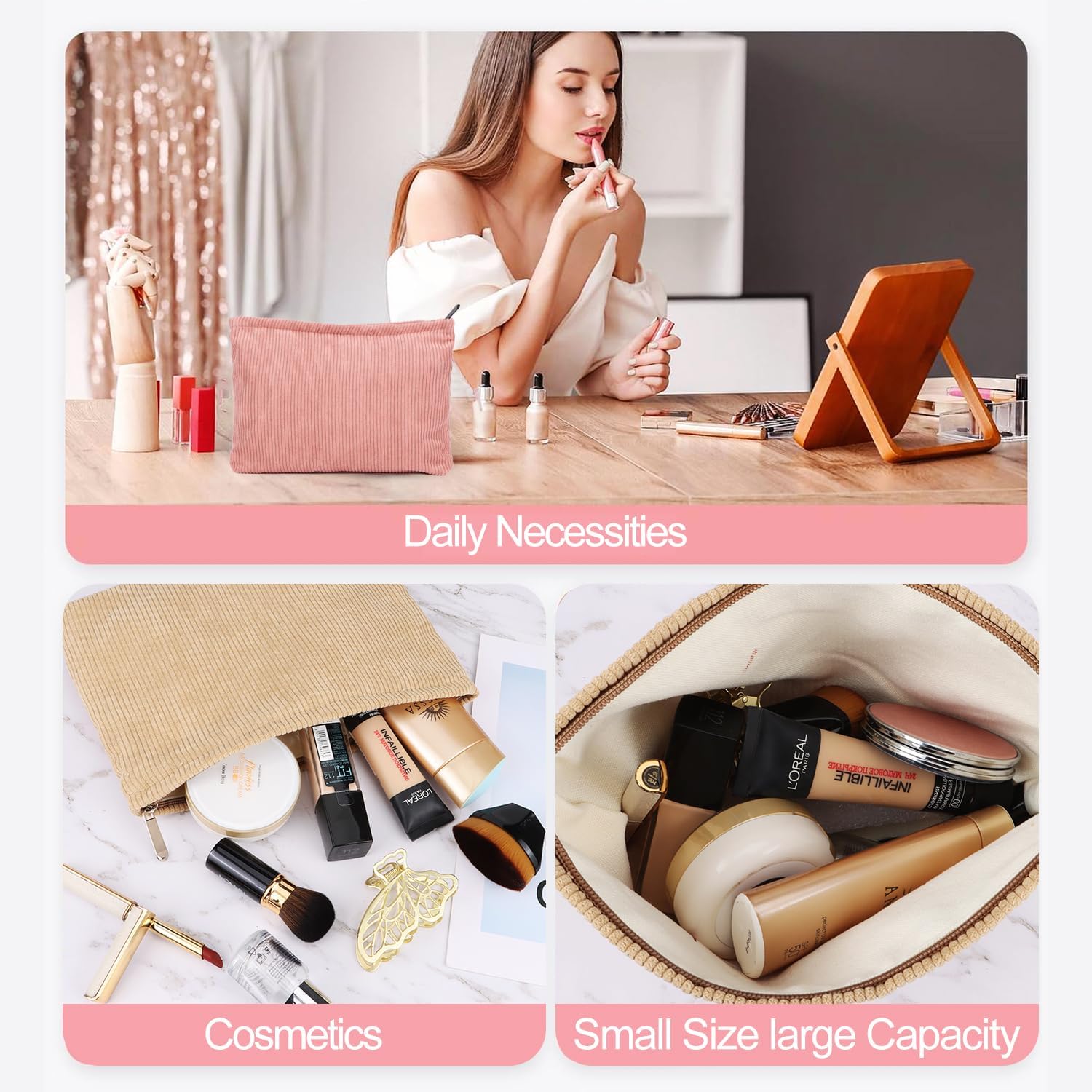 Petite pochette maquillage en velours côtelé : l'accessoire idéal pour femmes en voyage, élégante et imperméable – Image 4