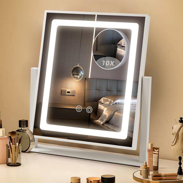 Miroir coiffeuse lumineux avec lumière LED : pour les amatrices de beauté, 3 modes d'éclairage et grossissement 10x pour une application parfaite