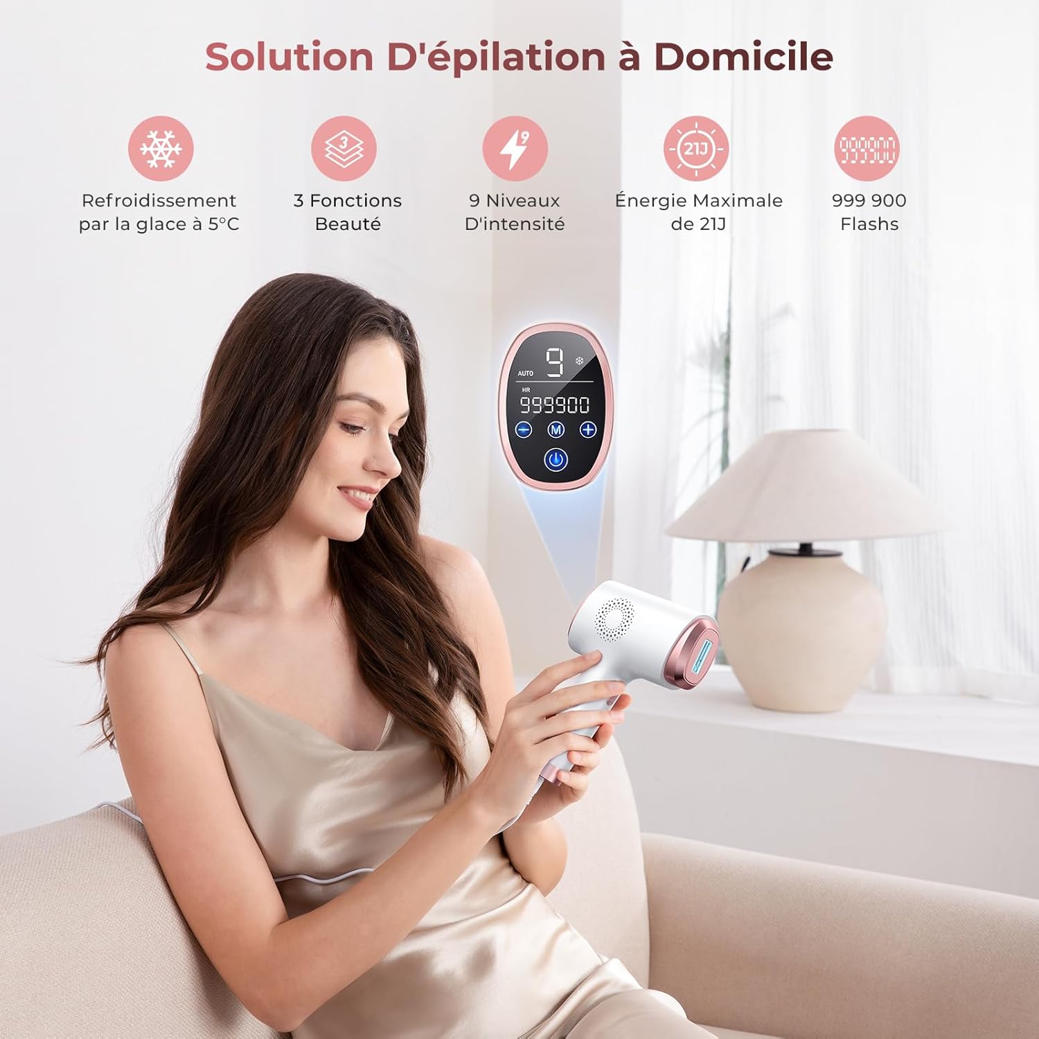 Épilateur lumière pulsée 3 en 1 : pour une épilation efficace et douce à domicile Profitez d'une peau lisse et soyeuse avec notre épilateur laser à écran tactile LCD, doté de 9 niveaux d'énergie et d'une fonction de refroidissement pour un confort optimal. – Image 3