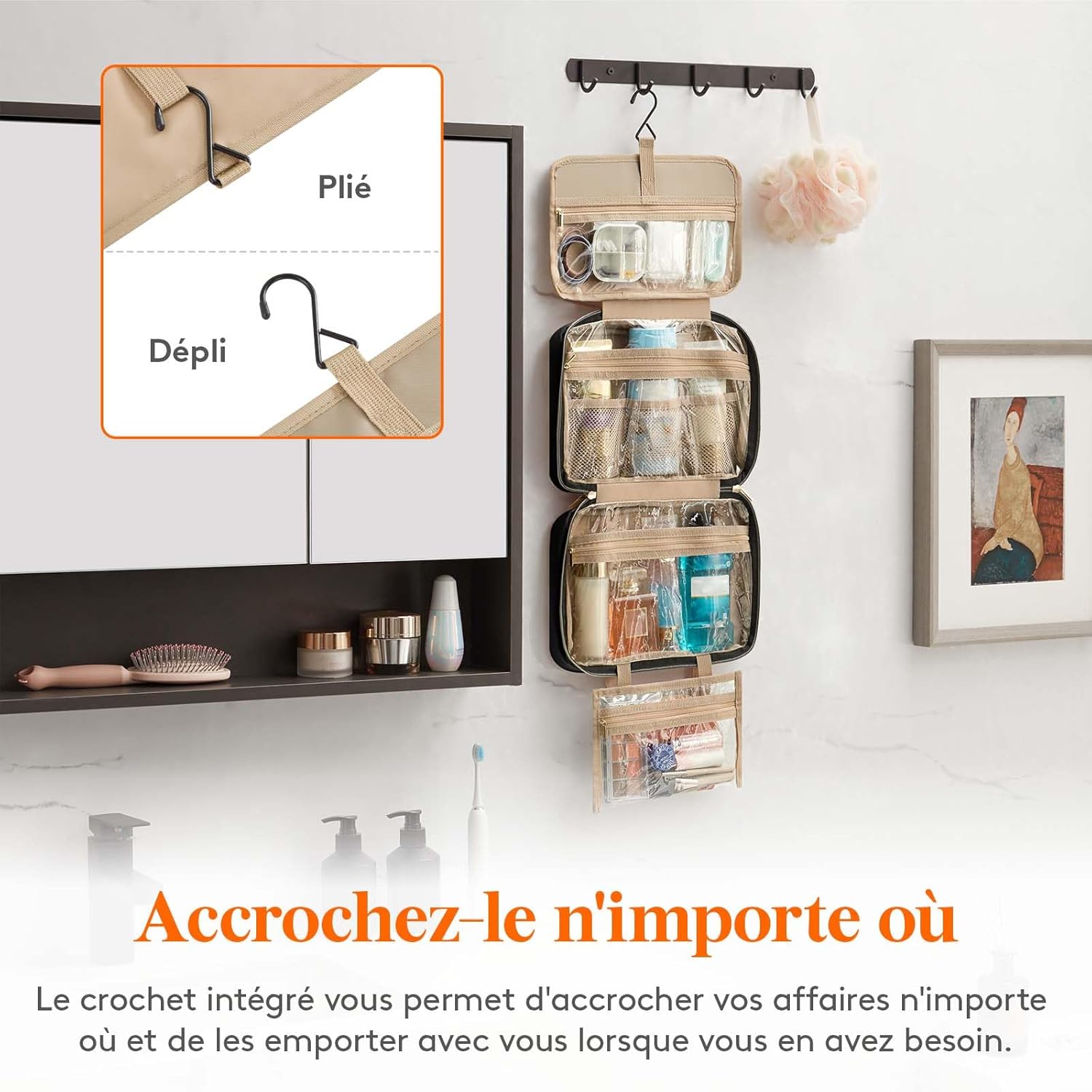 Trousse de toilette de voyage : grande trousse de maquillage suspendue pour femmes, parfaite pour organiser vos cosmétiques et bouteilles en toute élégance – Image 6