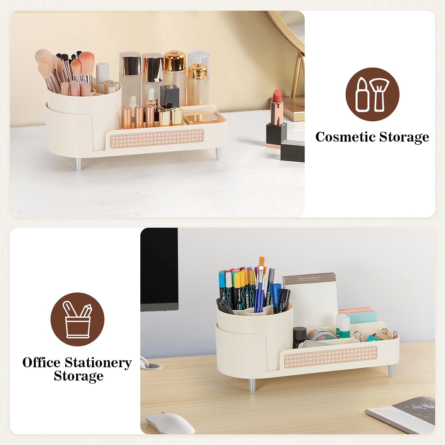 Organisateur maquillage rotatif 360 degrés : le rangement idéal pour les passionnées de beauté Découvrez notre organisateur maquillage 2 en 1, parfait pour optimiser l'espace de votre coiffeuse, salle de bain ou chambre à coucher. Grâce à ses multiples compartiments, il permet un rangement pratique et élégant de vos produits de beauté et pinceaux, tout en ajoutant une touche de style à votre décoration. – Image 7