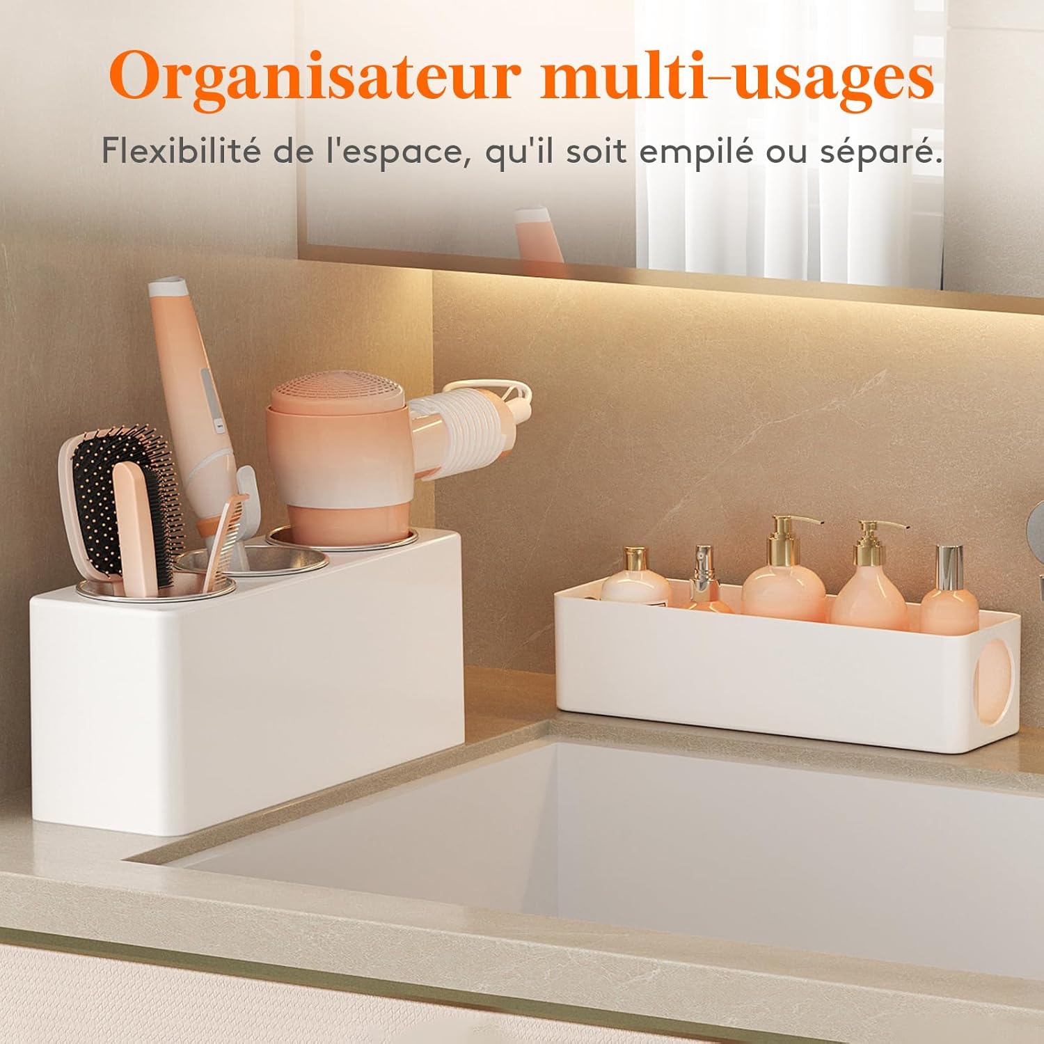 Support pour sèche-cheveux et fer à lisser : rangement élégant pour salle de bain Organisateur pratique en blanc pour une coiffeuse toujours rangée – Image 7