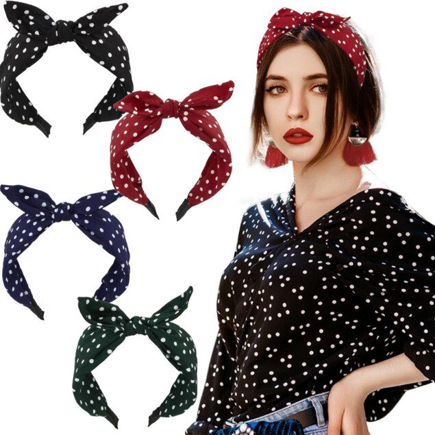Serre-tête à pois en tissu : élégance vintage pour femmes et filles   Accessoire de coiffure chic avec nœud lapin, idéal pour toutes les occasions