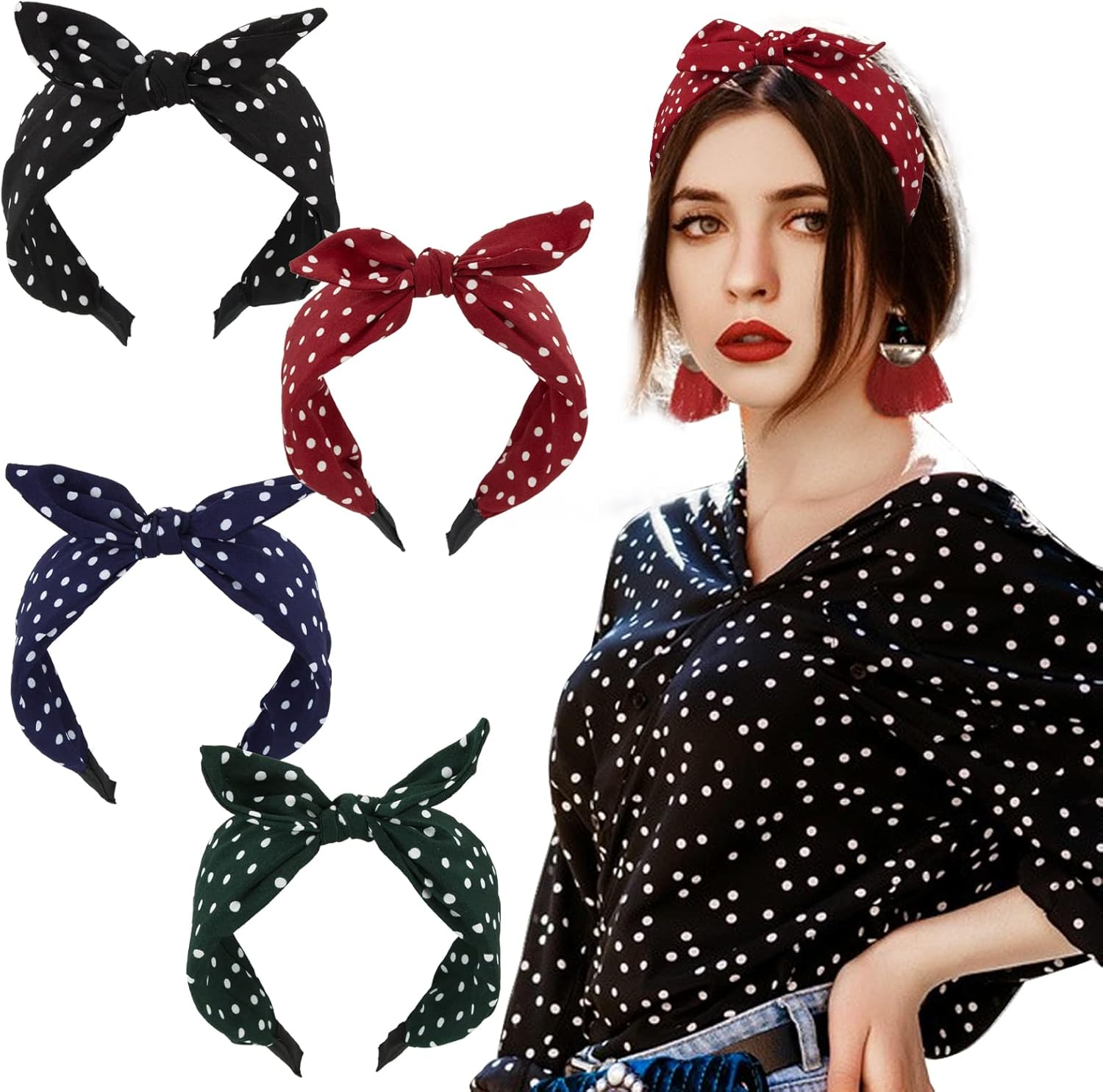 Serre-tête à pois en tissu : élégance vintage pour femmes et filles   Accessoire de coiffure chic avec nœud lapin, idéal pour toutes les occasions