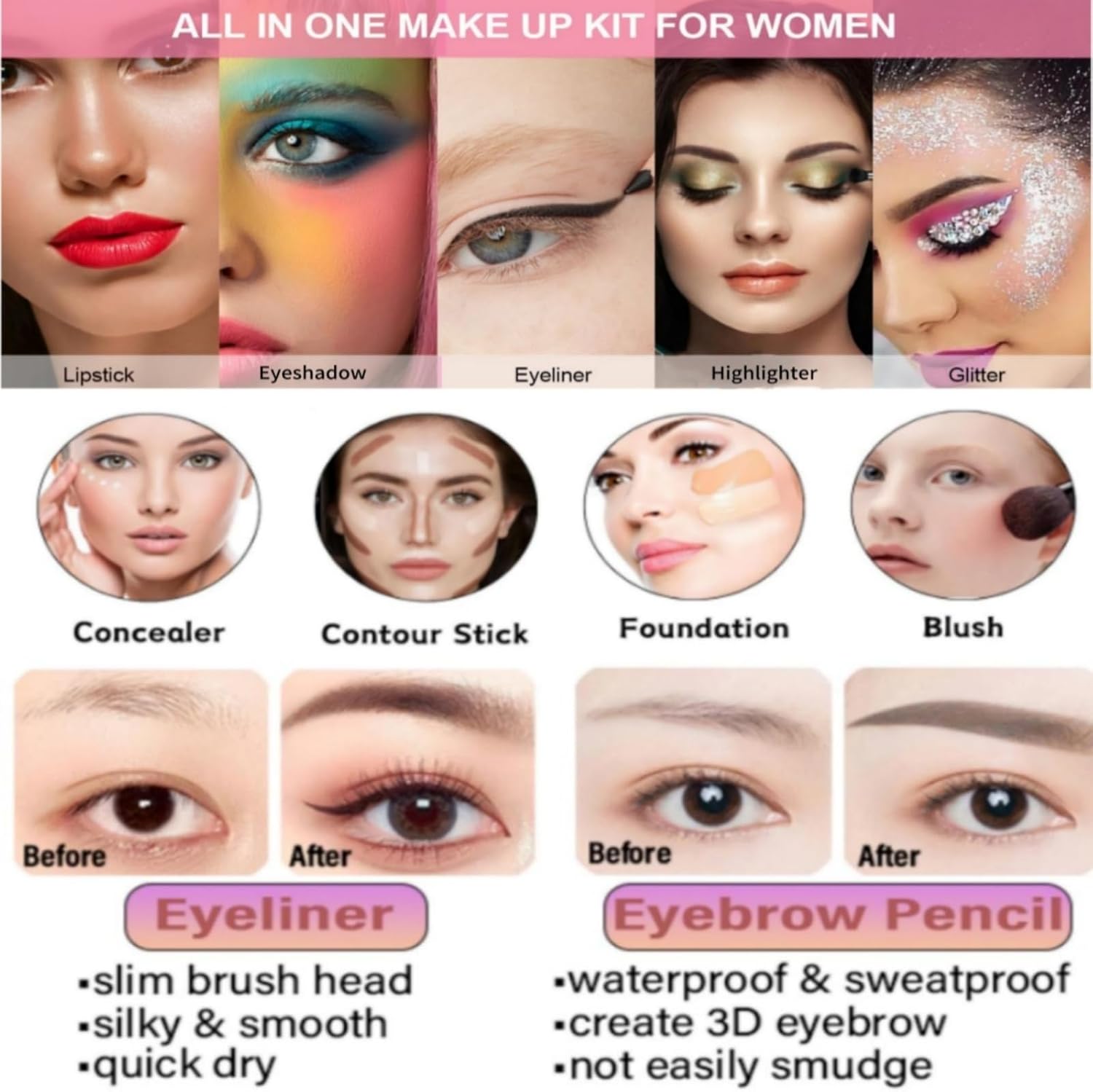 Kit cosmétique complet : coffret de Noël de 26 pièces pour femmes et filles Découvrez un magnifique assortiment d'ombres à paupières, fond de teint, correcteur, brillant à lèvres, blush et eyeliner pour sublimer votre beauté en cette saison festive ! – Image 3