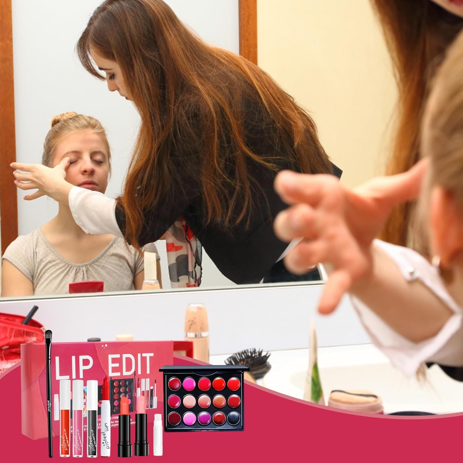 Coffre-cadeau de maquillage à lèvres : kit complet pour femmes avec 15 couleurs éclatantes et pinceau inclus – Image 7