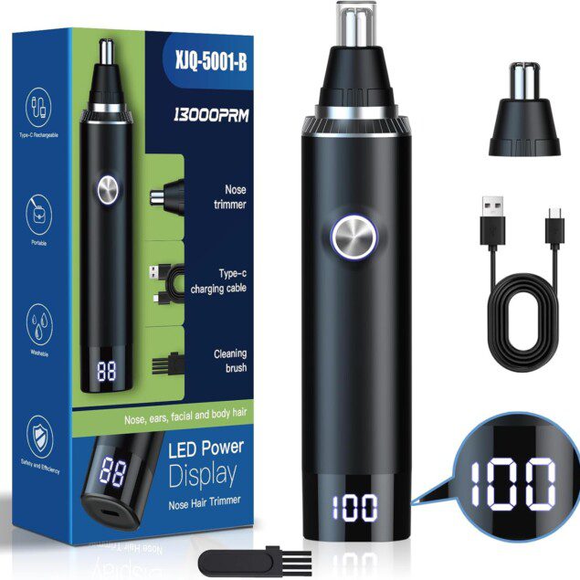 Tondeuse nez rechargeable : pour hommes, coupe indolore et étanche IPX7 Découvrez la tondeuse nez et oreilles portable, facile à nettoyer pour un rasage impeccable