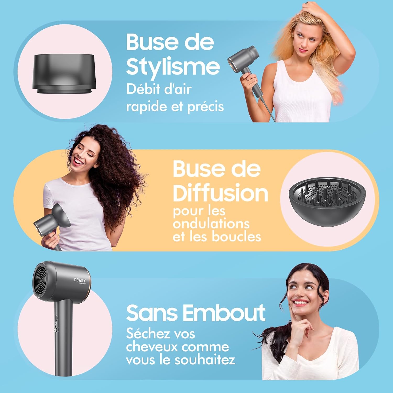 Sèche-cheveux ionique professionnel : l'allié idéal pour des cheveux bouclés éclatants 1800W de puissance avec diffuseur et concentrateur pour un coiffage parfait à la maison ou en voyage – Image 5