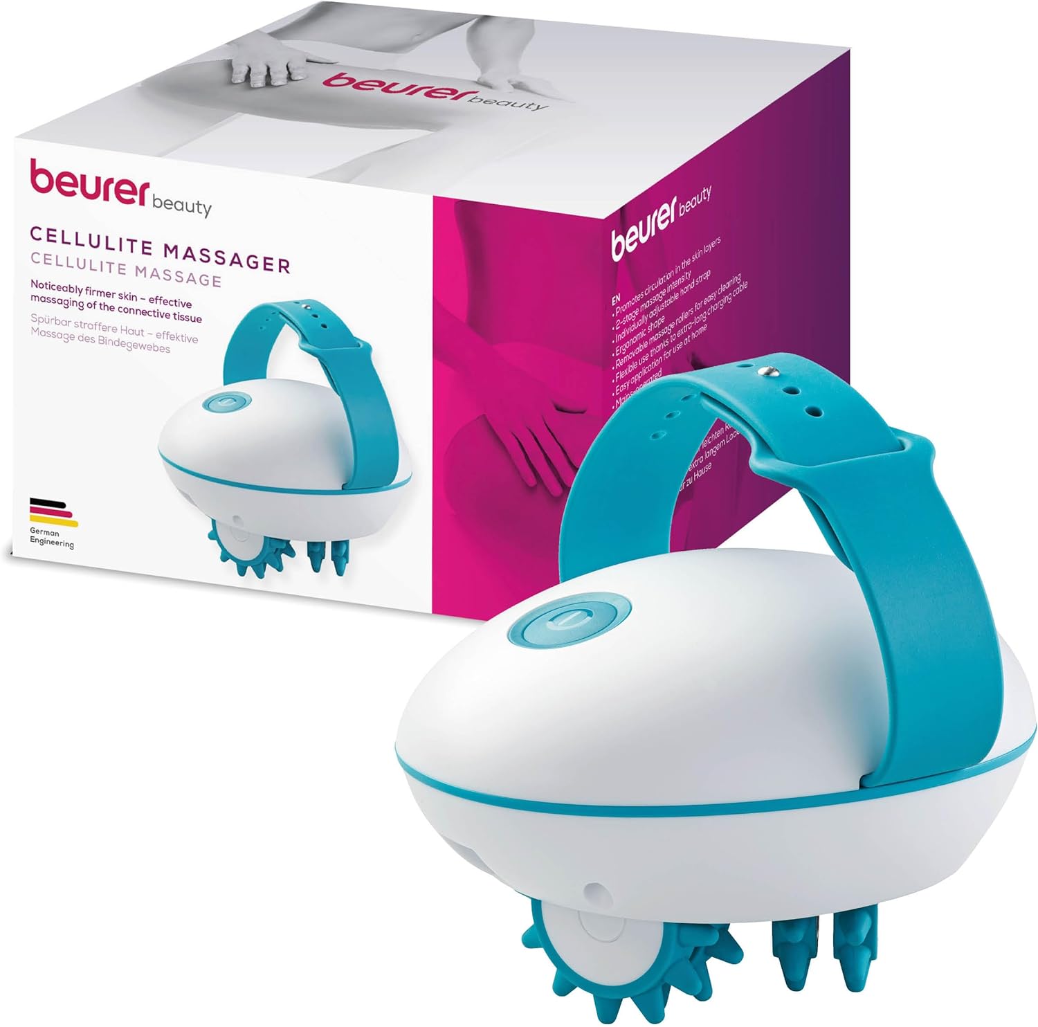 Beurer CM 51 : masseur anti-cellulite pour un corps tonique et ferme Profitez d'un massage efficace des tissus conjonctifs avec ce rouleau électrique à 2 niveaux d'intensité et poignée réglable