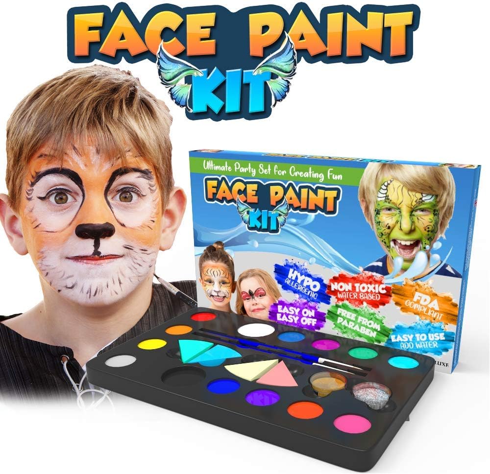 Peinture visage pour enfants : le kit de maquillage idéal pour Halloween et Noël Offrez à vos filles et garçons un moment créatif inoubliable avec une palette de couleurs éclatantes, des paillettes scintillantes, des pochoirs amusants et des tatouages temporaires – Image 2