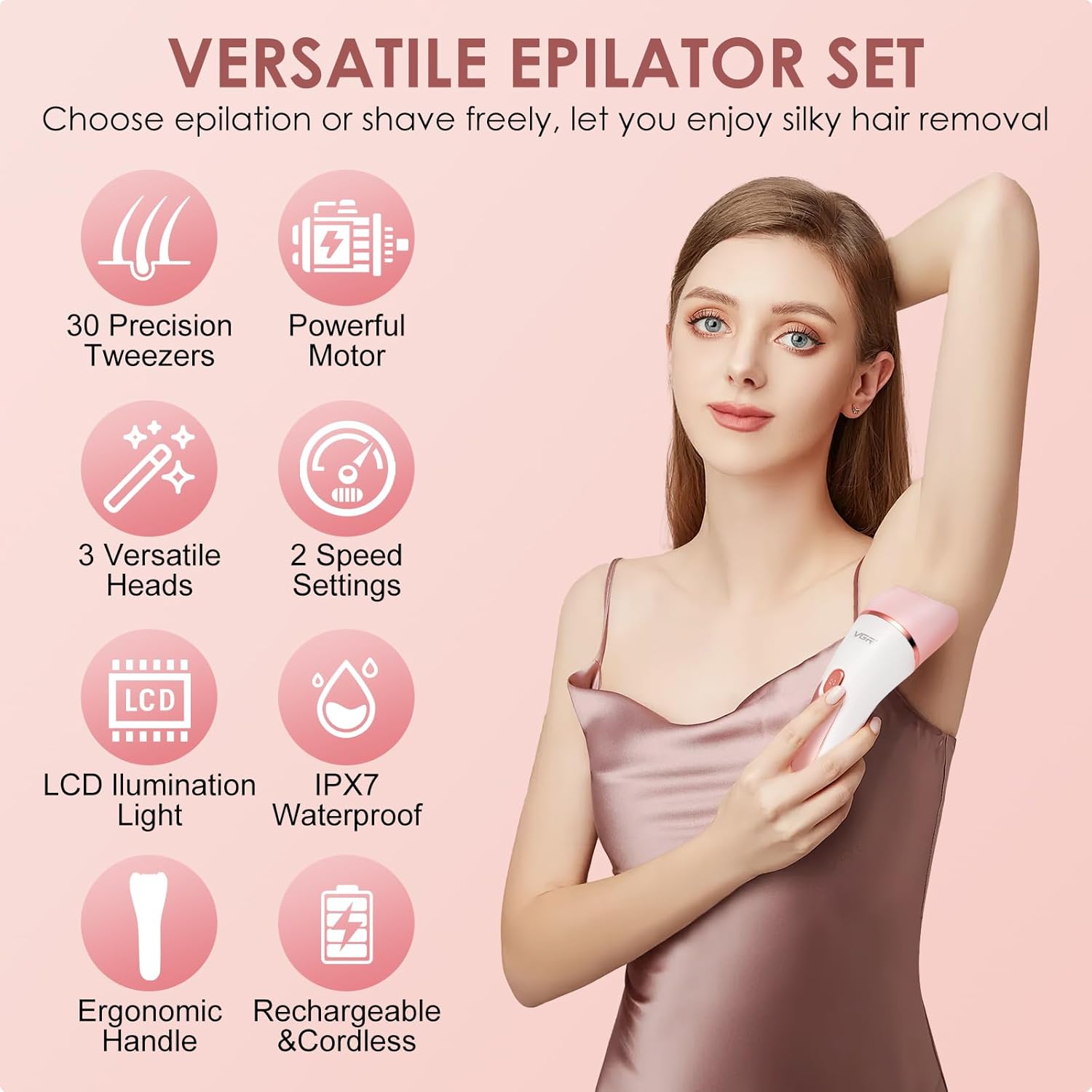 Epilateur électrique : le rasoir 6 en 1 idéal pour les femmes en quête de douceur Découvrez un rasoir électrique sans fil avec affichage LED, parfait pour un rasage sec ou humide, incluant une brosse exfoliante et un massage relaxant. – Image 3