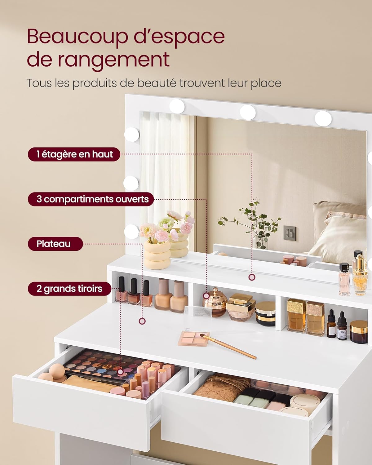 Coiffeuse moderne avec grand miroir LED : l'alliée parfaite pour les passionnées de beauté – Image 4