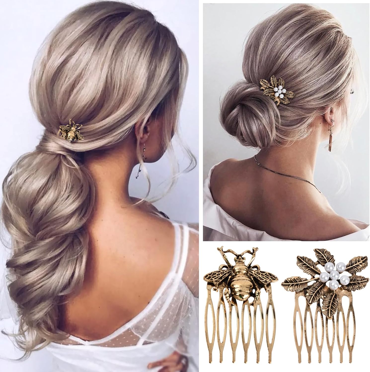 Peignes latéraux vintage en métal pour femmes : l'élégance rétro avec strass et perles dorées pour sublimer vos coiffures de mariage – Image 6