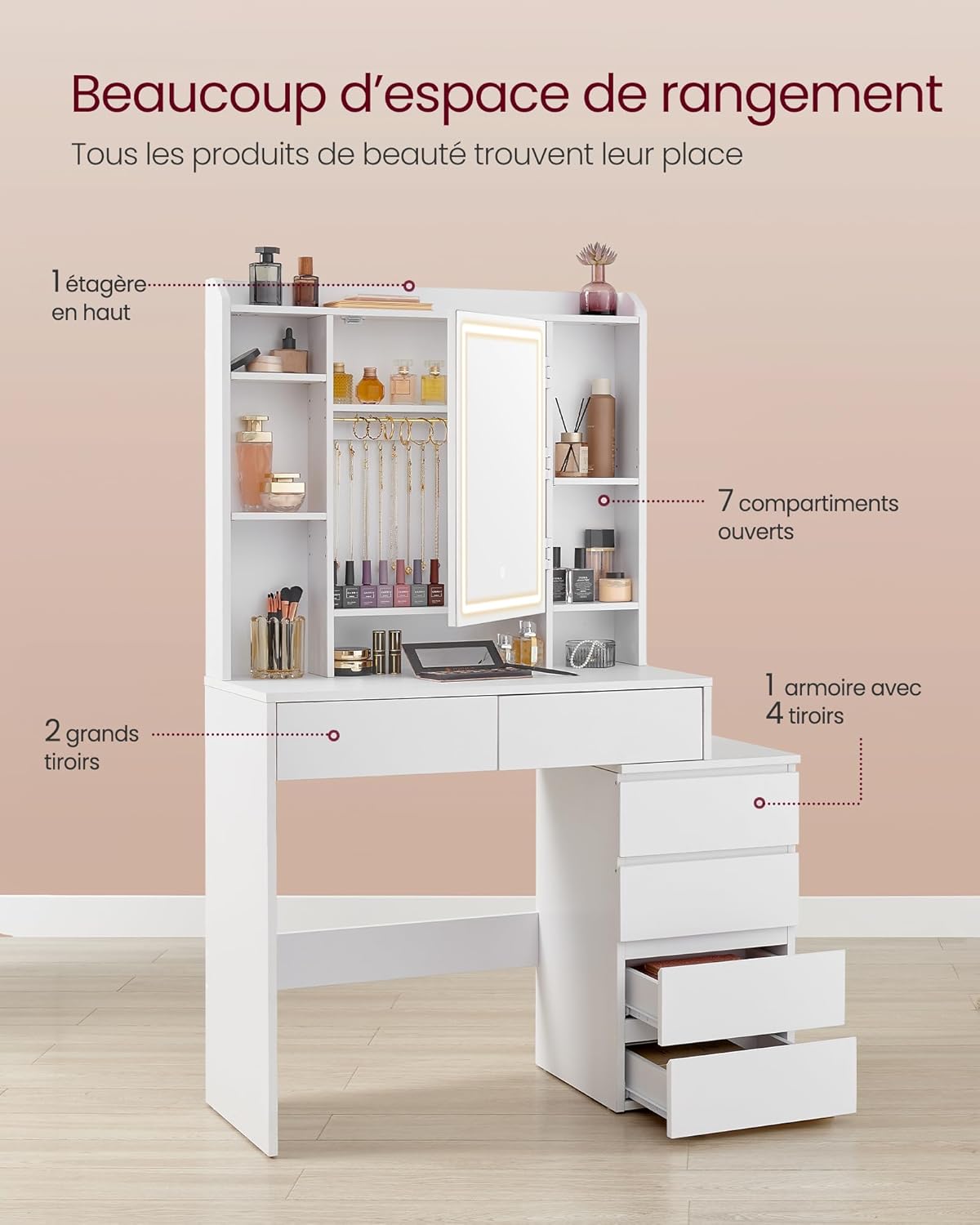 Coiffeuse moderne avec miroir LED réglable : le meuble idéal pour les passionnées de maquillage – Image 4