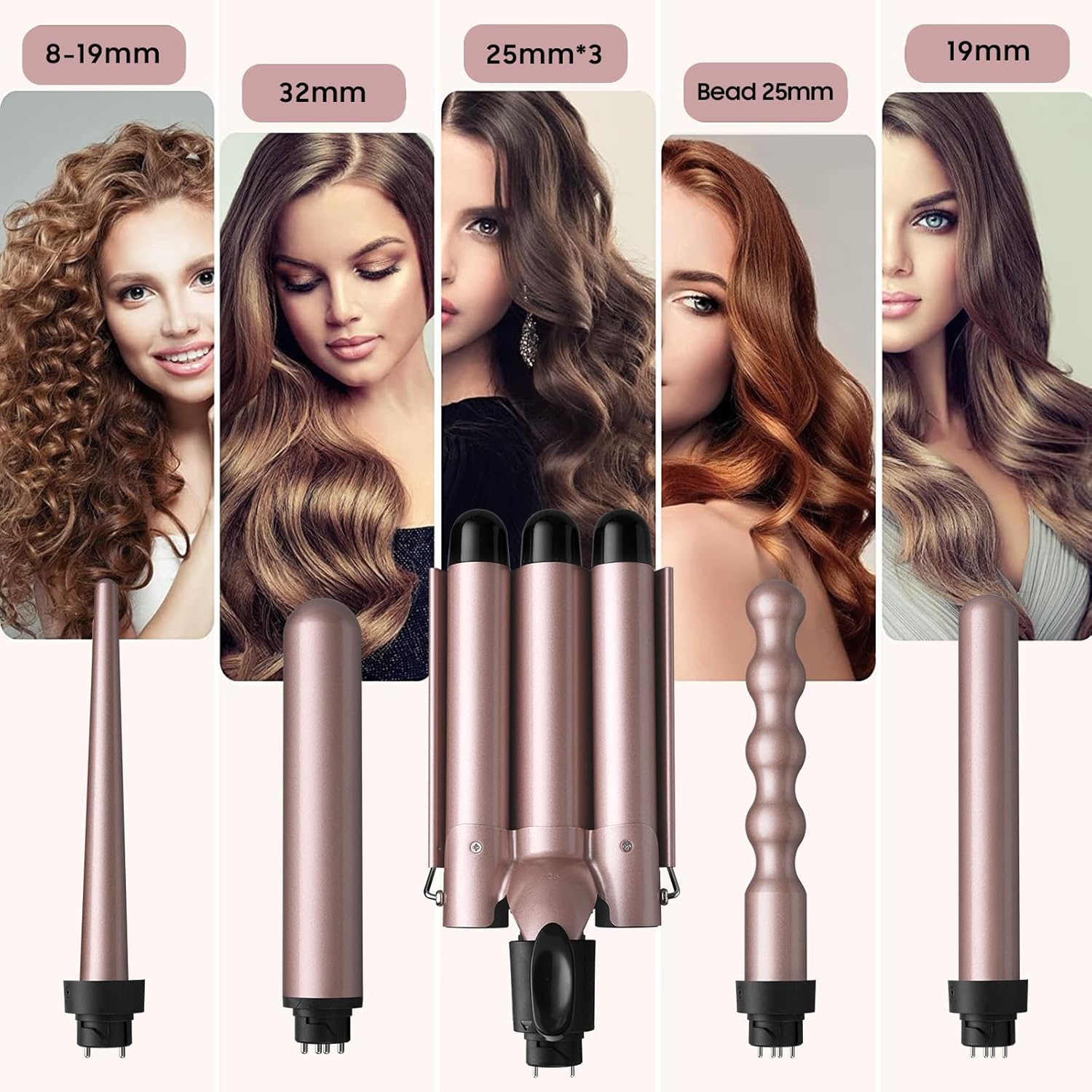 Fer à boucler 5 en 1 pour des coiffures variées : sublimez vos cheveux longs et courts avec un revêtement en céramique et des températures réglables – Image 9