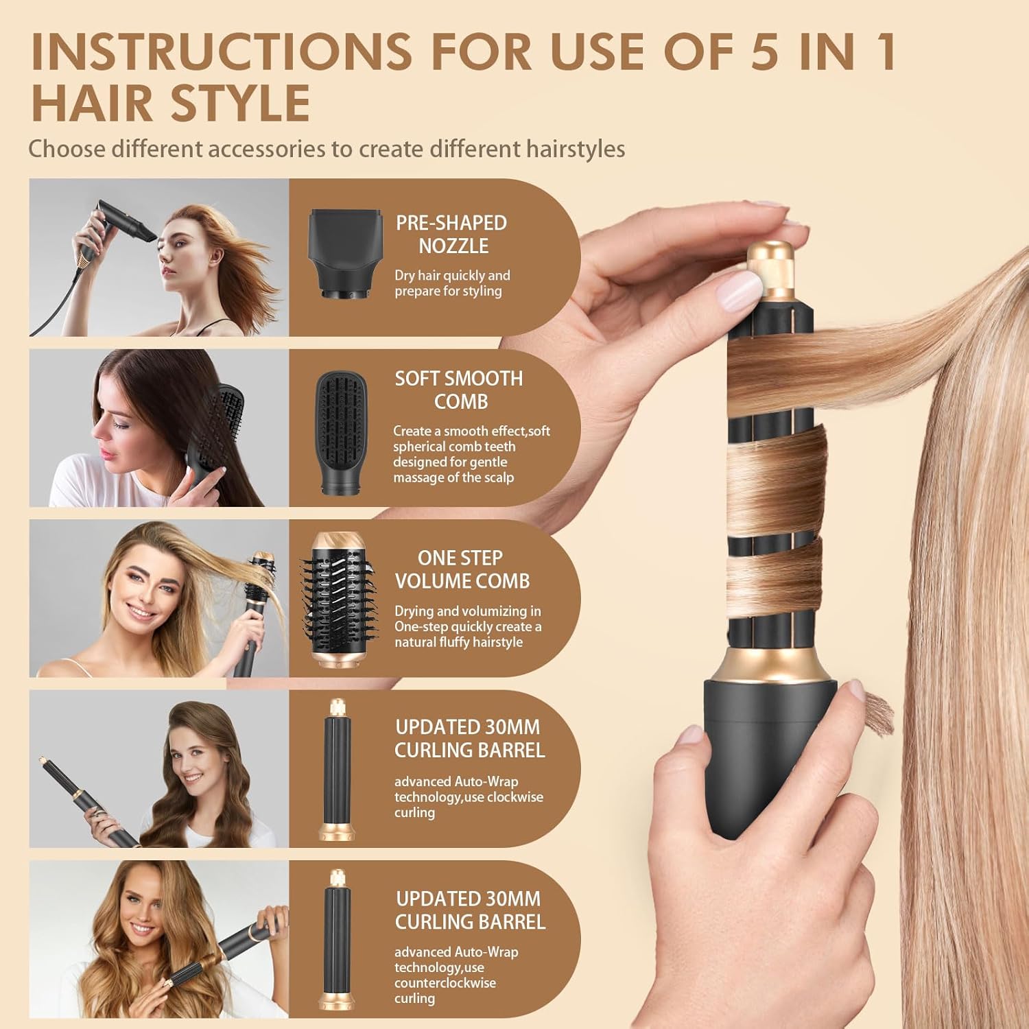 Air styler 6 en 1 : brosse soufflante pour un séchage et un coiffage parfaits Transformez vos cheveux avec cet outil multifonctionnel qui lisse, boucle et sèche en un seul passage – Image 5