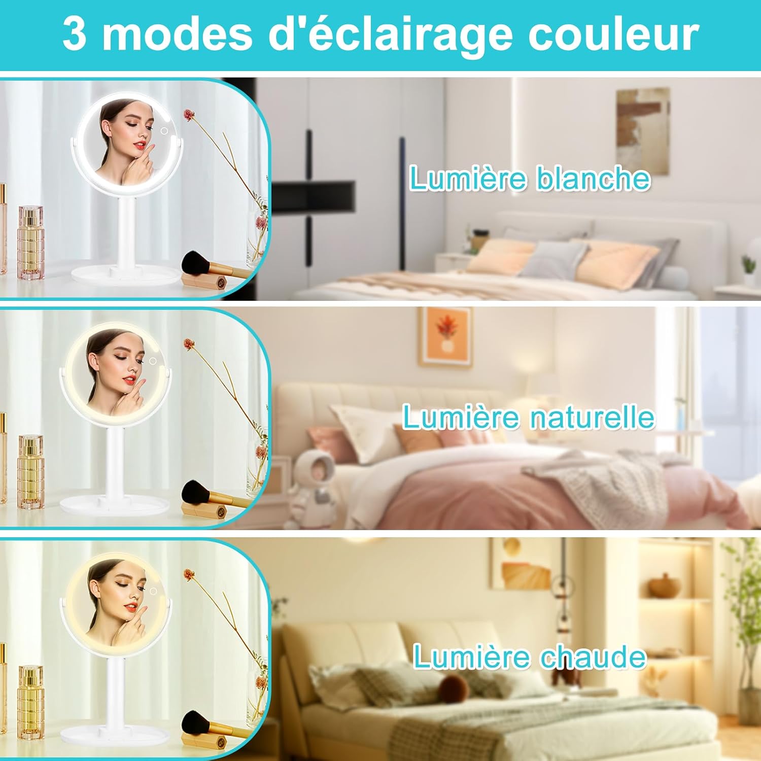 Miroir maquillage LED : l'allié parfait pour vos routines beauté Découvrez le miroir grossissant lumineux 1X / 10X, idéal pour les passionnées de maquillage. Grâce à sa rotation à 360° et ses trois couleurs de lumière, cet accessoire vous permettra d'ajuster la luminosité selon vos besoins, pour un maquillage impeccable à chaque utilisation. Offrez-vous une expérience de beauté raffinée et pratique avec ce miroir sur pied, doté de 80 perles lumineuses pour un reflet éclatant. – Image 3