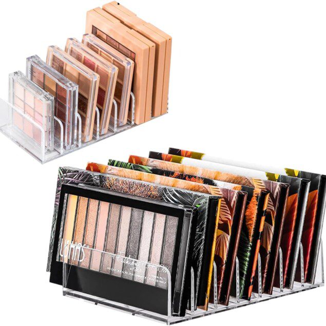 Organisateurs de fards à paupières : le rangement parfait pour les passionnées de maquillage Découvrez notre lot de 2 organiseurs de fards à paupières en acrylique transparent, conçu pour optimiser l'espace de votre coiffeuse avec 7 compartiments adaptés à toutes vos palettes de maquillage. Simplifiez votre routine beauté et ajoutez une touche d'élégance à votre espace grâce à un rangement à la fois pratique et esthétique.
