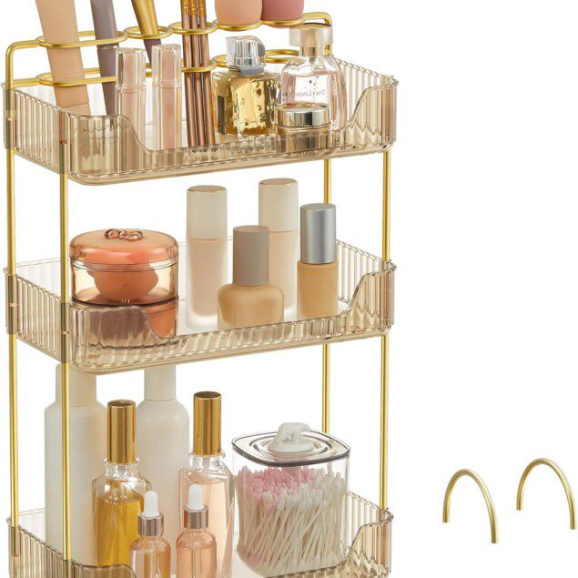 Organiseur de maquillage doré champagne : rangement élégant pour coiffeuse avec porte-bijoux et 3 niveaux pratiques