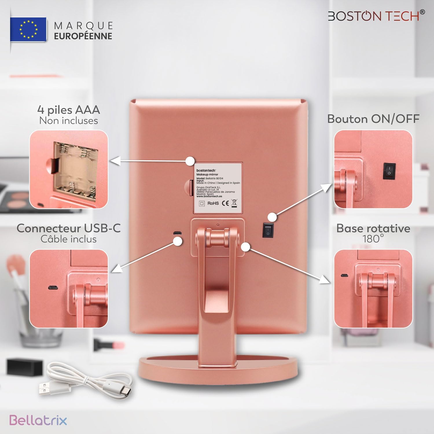 Miroir de maquillage lumineux Bellatrix : l'allié parfait pour les passionnées de beauté Profitez d'un grossissement 1X/2X/3X/10X et d'une lumière LED réglable pour un maquillage impeccable – Image 3
