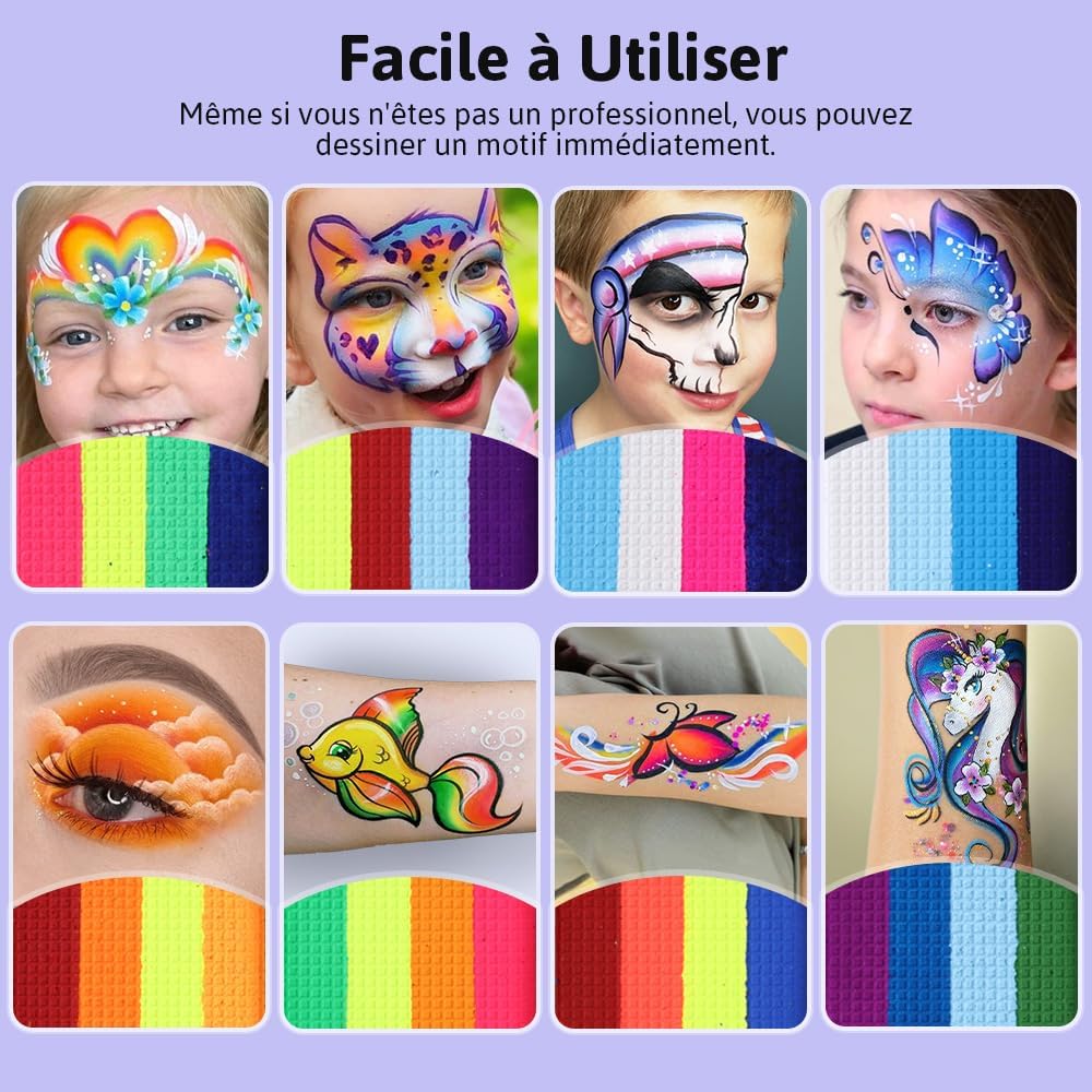 Palette de maquillage enfant : 34 couleurs fluorescentes UV pour des fêtes inoubliables Idéale pour carnaval, Halloween et anniversaires, ce kit inclut 3 pinceaux pour une créativité sans limites – Image 6