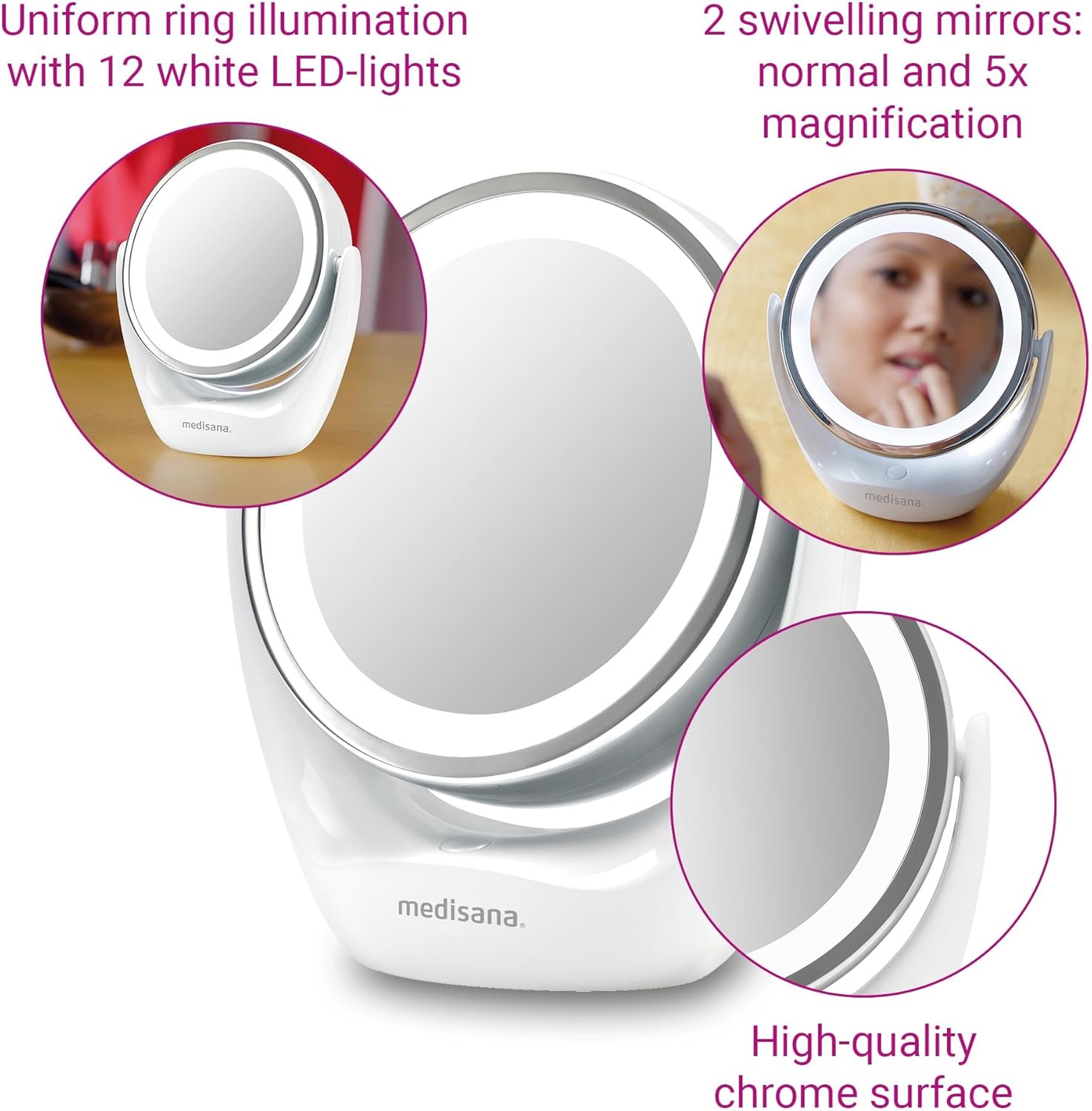Mirroir cosmétique avec éclairage LED : l’accessoire idéal pour un maquillage parfait Découvrez le miroir de table double face agrandi 5x, pivotant à 360 degrés, pour un résultat impeccable à chaque fois ! – Image 4