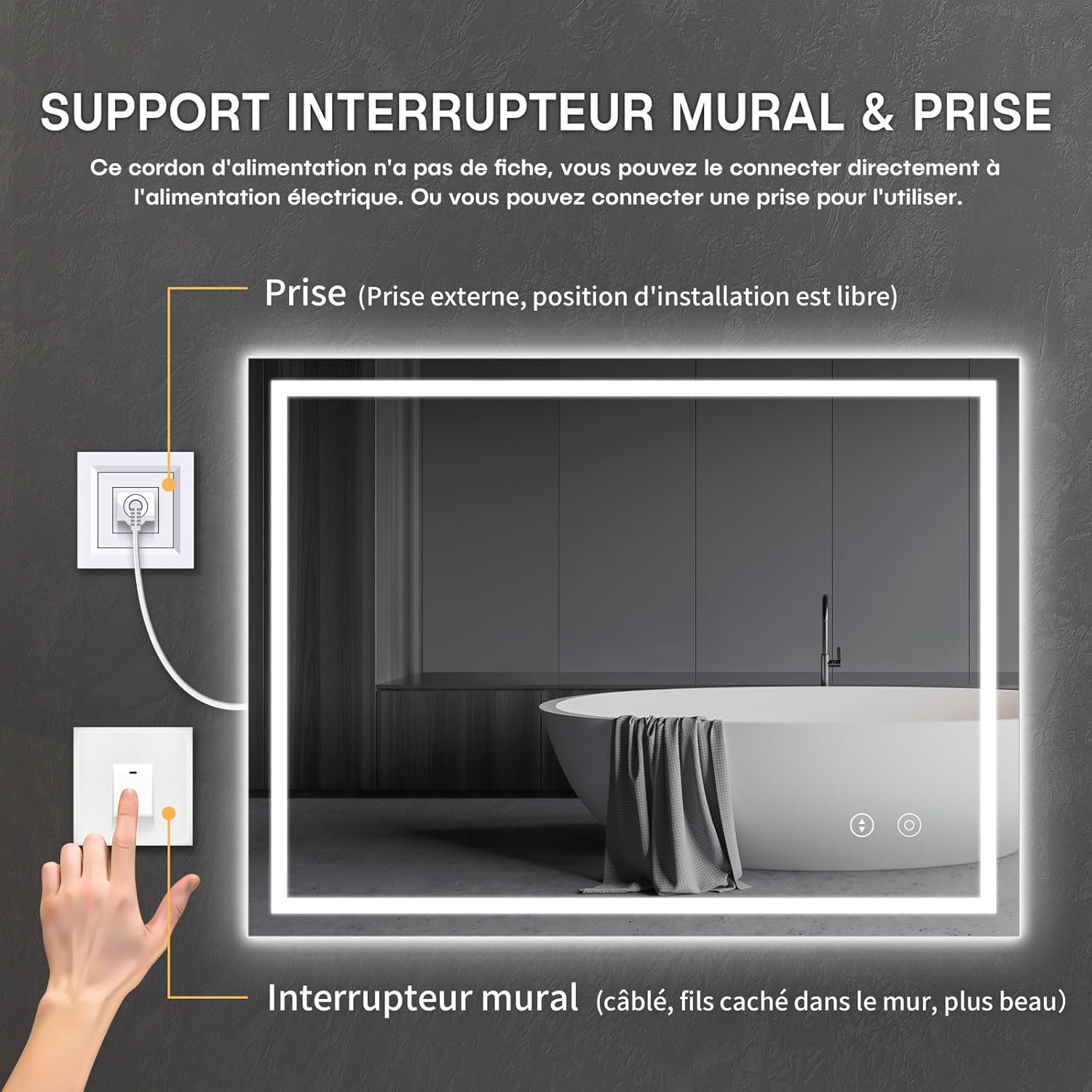 Miroir de salle de bain éclairé 60x80 cm : l'élégance et la praticité pour un espace lumineux et sans buée – Image 4