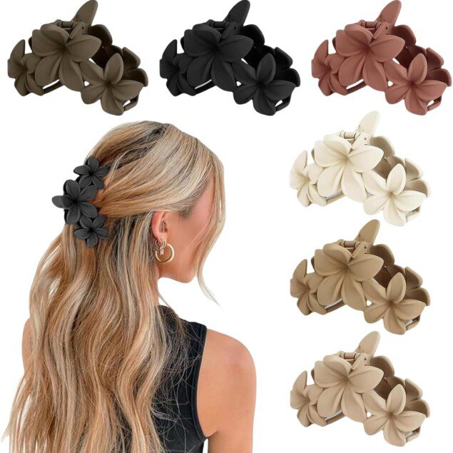 Pinces à cheveux hawaïennes : lot de 6 grandes pinces en forme de fleur pour femmes aux cheveux épais