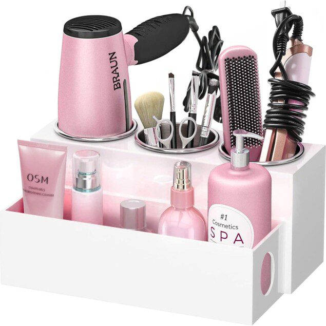 Support de sèche-cheveux : l'organisateur idéal pour coiffeuses et salles de bain Optimisez votre espace avec ce rangement élégant pour sèche-cheveux et fers à lisser