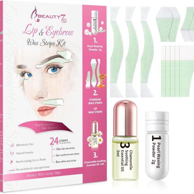 Bandes de cire froide pour le visage : épilation douce des sourcils et de la lèvre pour peaux sensibles   24 bandes avec poudre de perle et huiles essentielles apaisantes pour une peau lisse et protégée