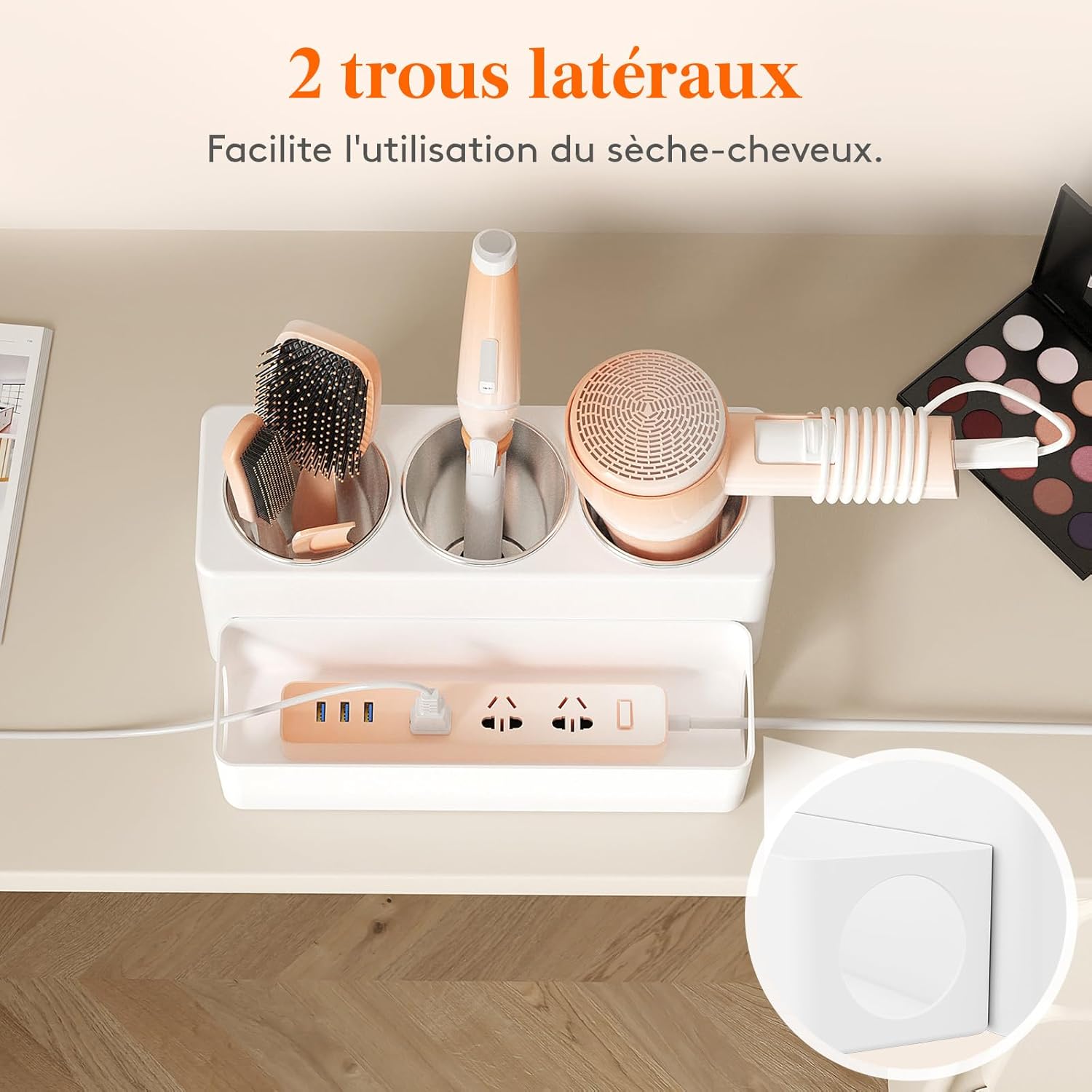 Support pour sèche-cheveux et fer à lisser : rangement élégant pour salle de bain Organisateur pratique en blanc pour une coiffeuse toujours rangée – Image 6