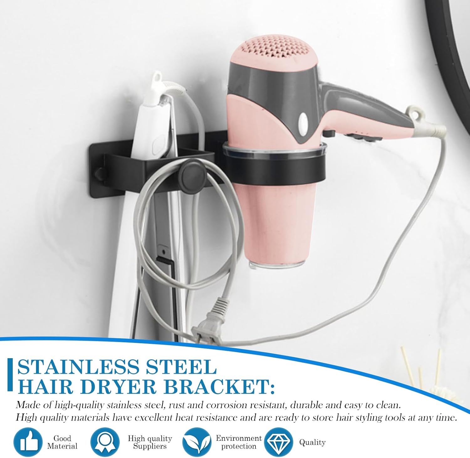 Support Föhn Élégant en Acier Inoxydable pour Salle de Bain – Image 3