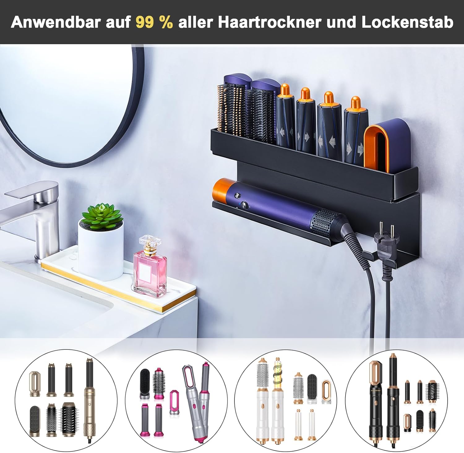 Support sèche-cheveux mural : rangement élégant pour salle de bain sans perçage Optimisez l'espace de votre salle de bain avec ce porte-accessoires noir pour lisseurs et appareils de coiffure – Image 7