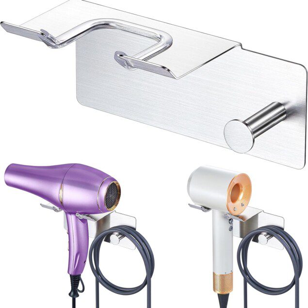 Porte sèche cheveux mural : support adhésif en acier inoxydable pour salle de bains élégante