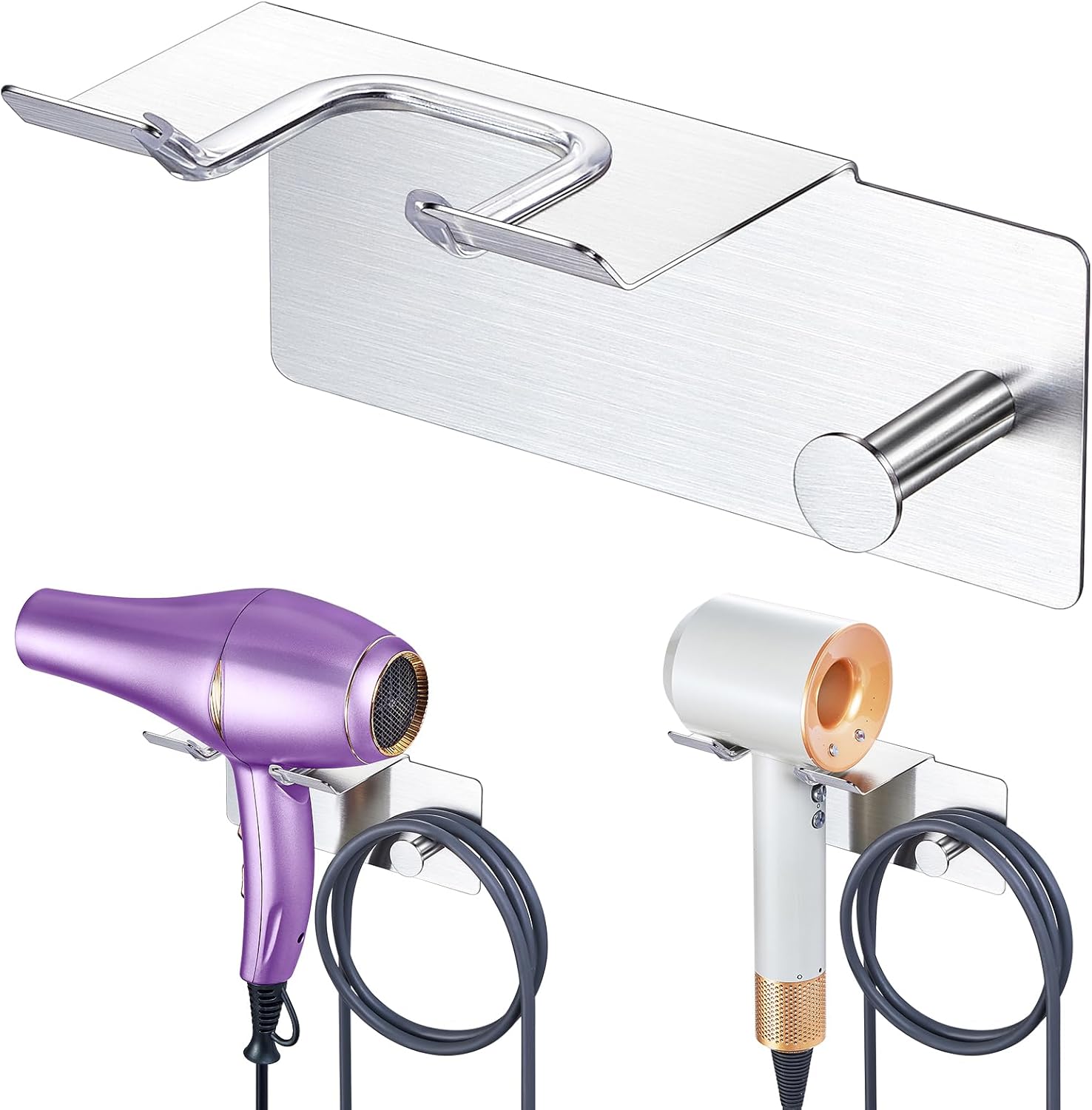 Porte sèche cheveux mural : support adhésif en acier inoxydable pour salle de bains élégante