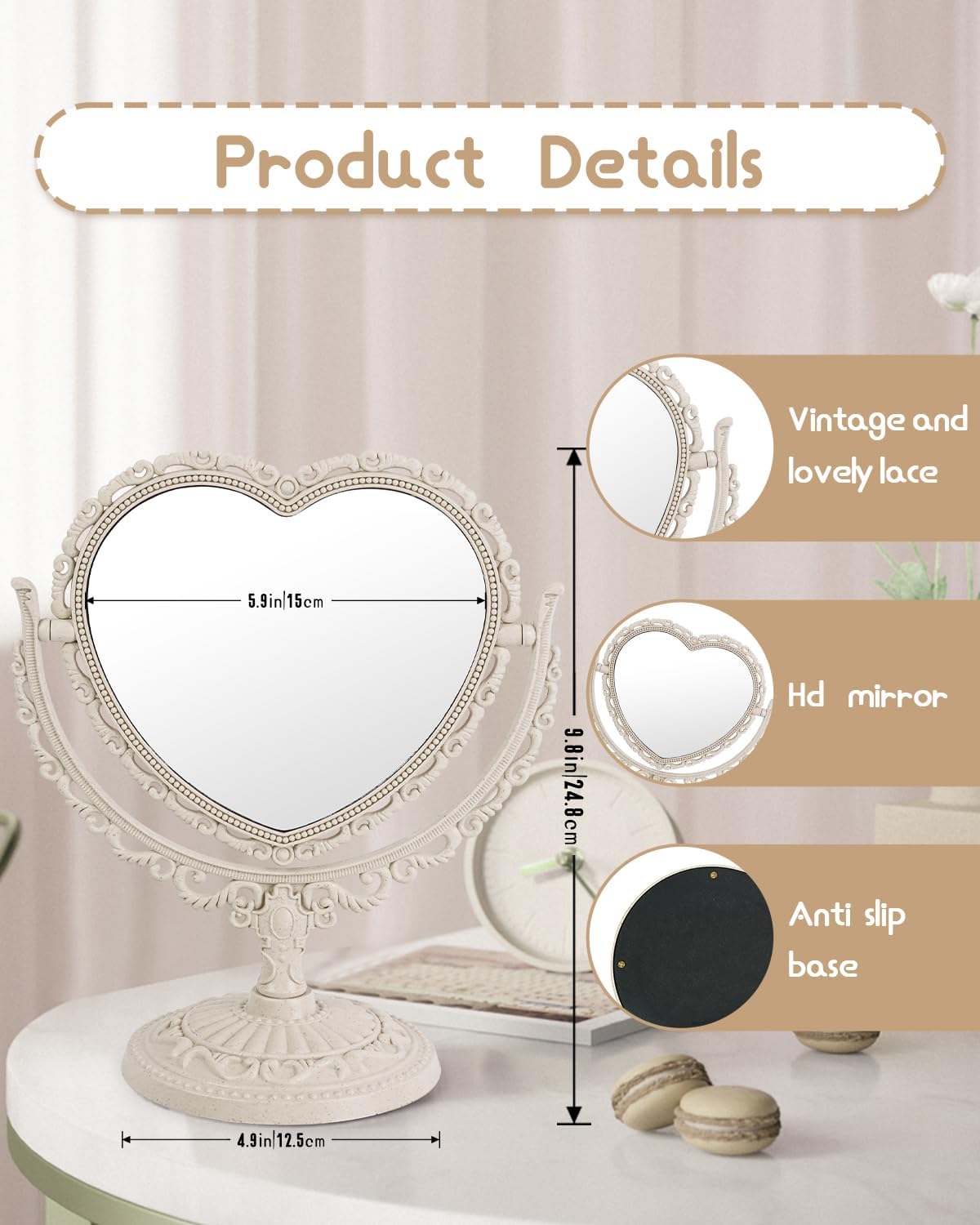 Miroir vintage en forme de cœur : l'élégance parfaite pour votre bureau et votre chambre coquette – Image 2