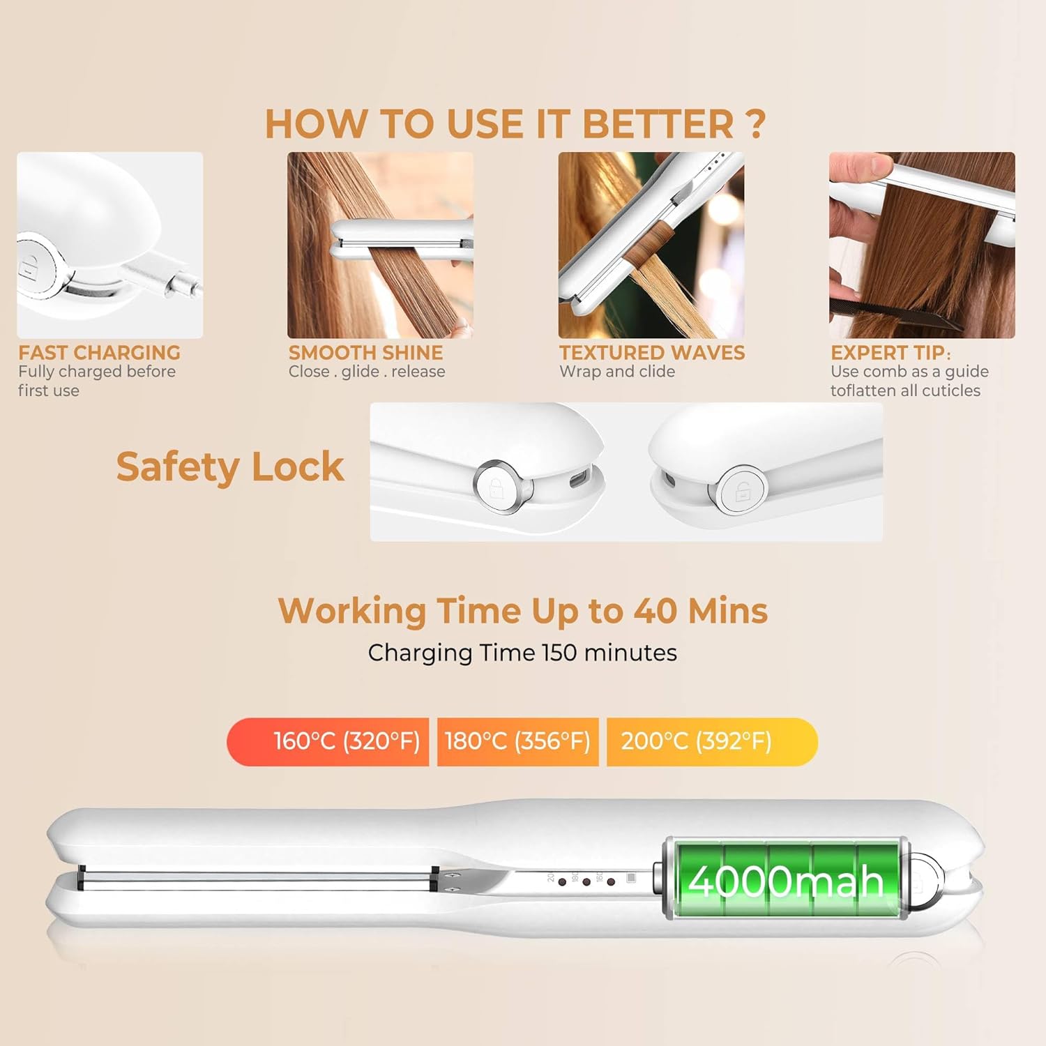Portable fer à lisser sans fil : lisseur rechargeable pour cheveux courts et longs, idéal en voyage avec 3 températures et technologie d'ions négatifs – Image 7