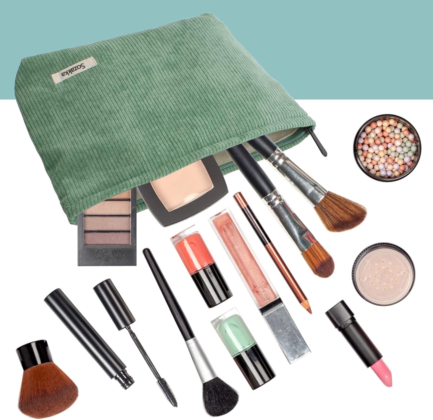 Trousse de toilette voyage : élégante pochette de maquillage en velours côtelé pour femmes et filles Profitez d'un rangement pratique et stylé en vert et rose – Image 2