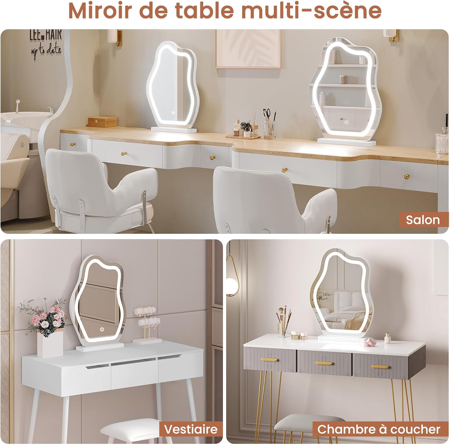 Miroir coiffeuse LED pour femmes : sublimez votre routine beauté avec 3 niveaux d'éclairage et luminosité réglable – Image 6