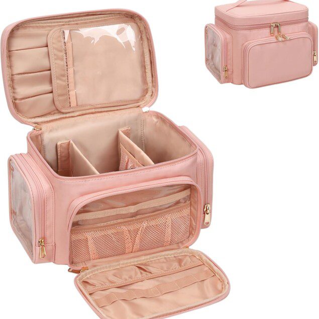 Grande trousse de maquillage de voyage pour femme : un organiseur portable élégant en rose pour des séjours sans encombre