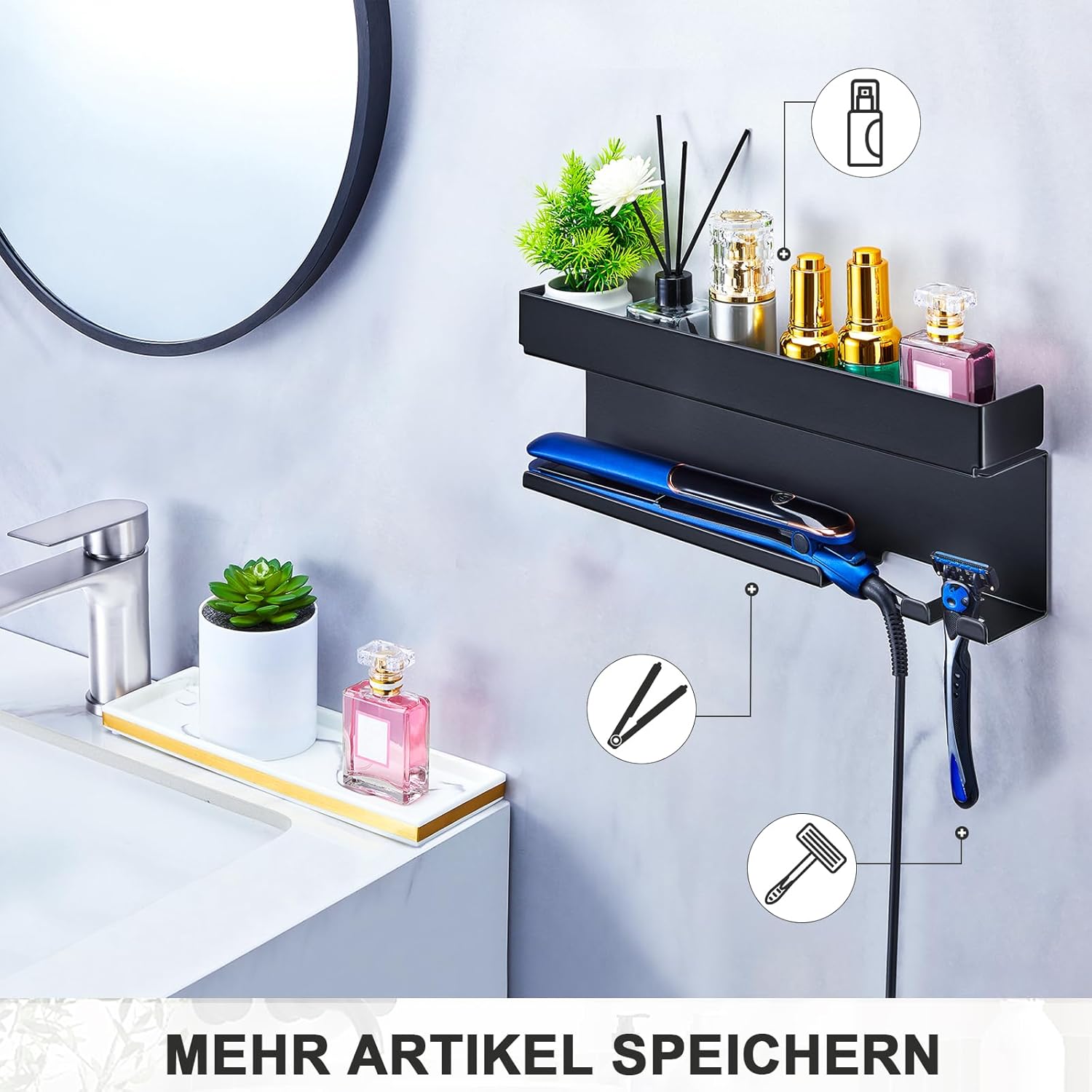 Support sèche-cheveux mural : rangement élégant pour salle de bain sans perçage Optimisez l'espace de votre salle de bain avec ce porte-accessoires noir pour lisseurs et appareils de coiffure – Image 6