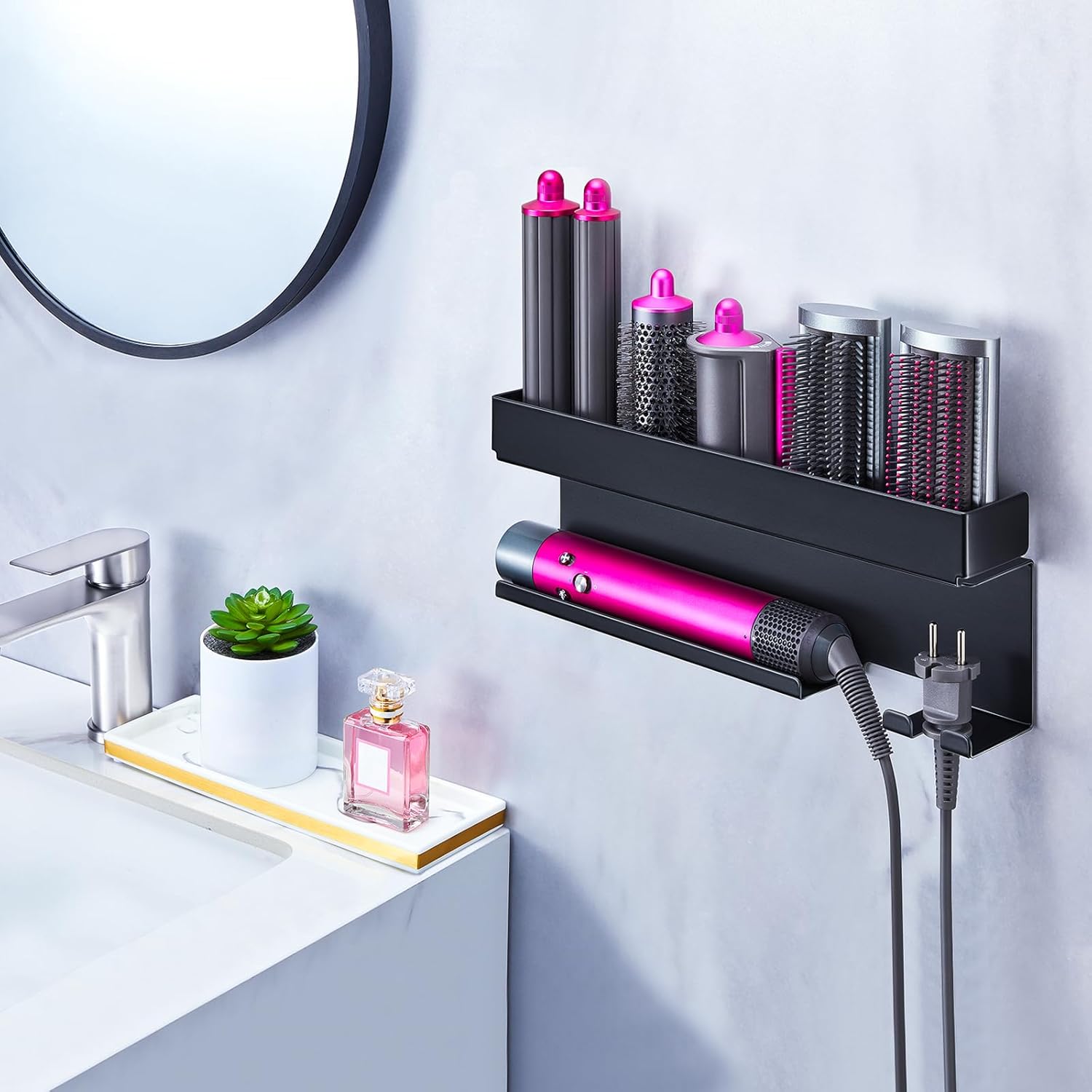 Support sèche-cheveux mural : rangement élégant pour salle de bain sans perçage Optimisez l'espace de votre salle de bain avec ce porte-accessoires noir pour lisseurs et appareils de coiffure – Image 3