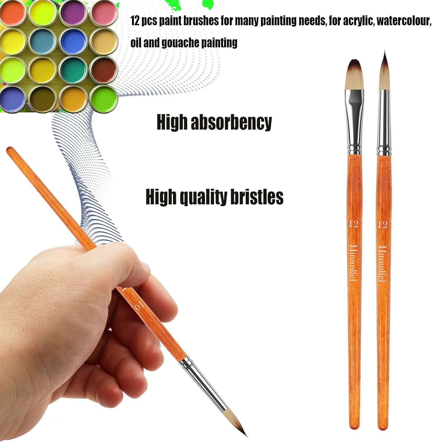 Pinceaux ronds et filbert : 12 pièces pour artistes, parfaits pour peinture acrylique, aquarelle, huile et gouache – Image 3