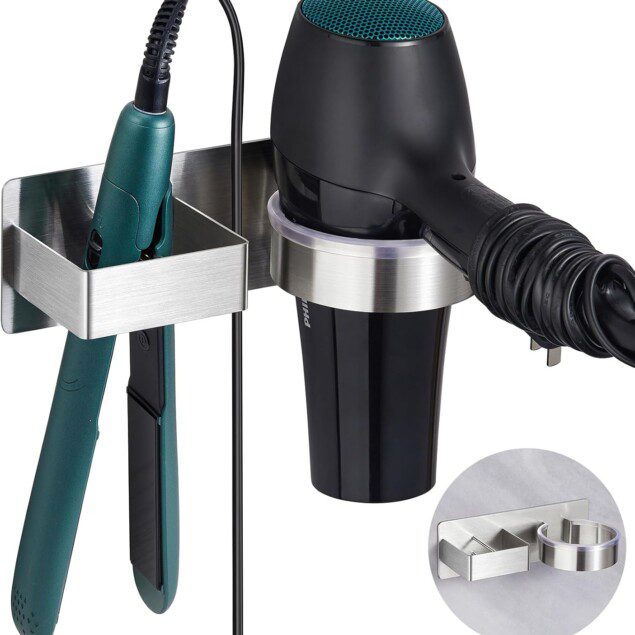 Porte Sèche-Cheveux Mural en Acier Inoxydable   Support Pratique Sans Perçage pour Salle de Bains