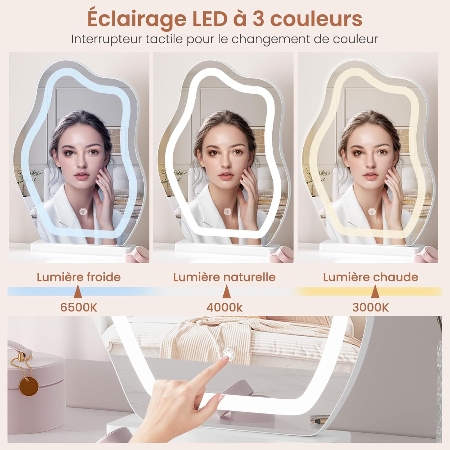 Miroir coiffeuse LED pour femmes : sublimez votre routine beauté avec 3 niveaux d'éclairage et luminosité réglable – Image 3