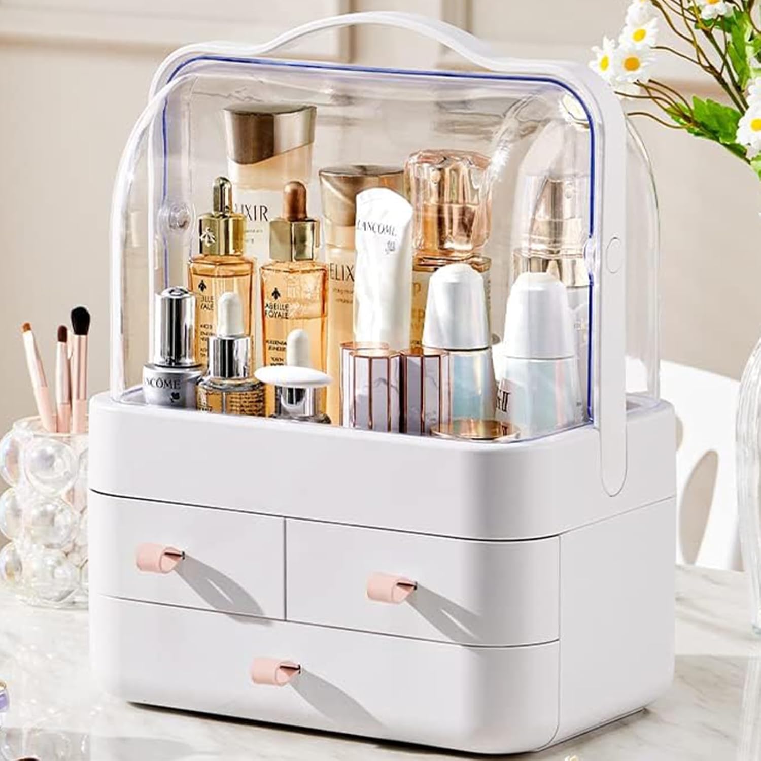 Rangement maquillage : organisateur avec tiroirs et couvercle transparent pour coiffeuse et salle de bain, idéal comme cadeau de Noël